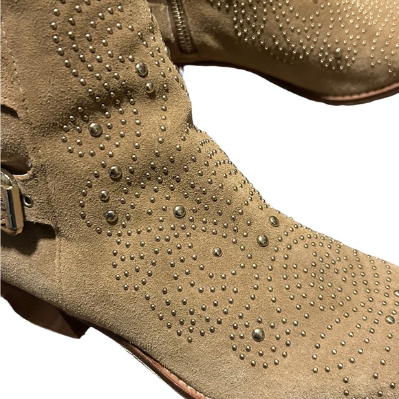 ZARA Tan Suede Gold Studded Point Toe Side Zip Double Buckle Bootie-Size 7.5 - Picture 8 of 16